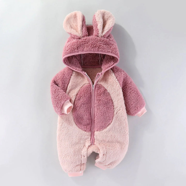 Pink and light pink fuzzy baby jumpsuit with hood and bunny ears, front zipper closure