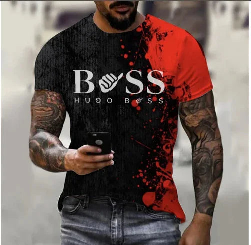 Man wearing black and red Hugo Boss t-shirt with graphic design and tattoos on both arms