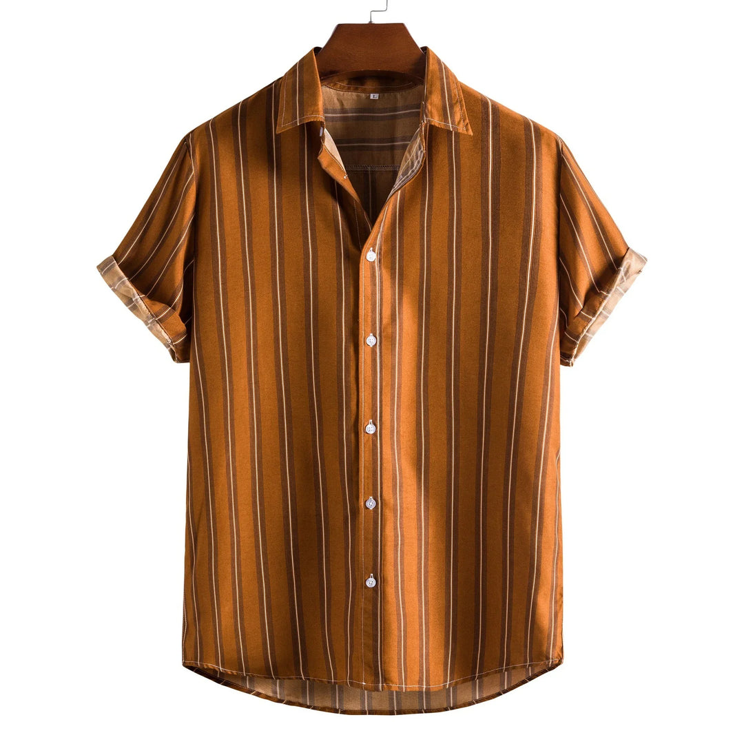 Men's short sleeve button-up shirt with brown vertical stripes on hanger