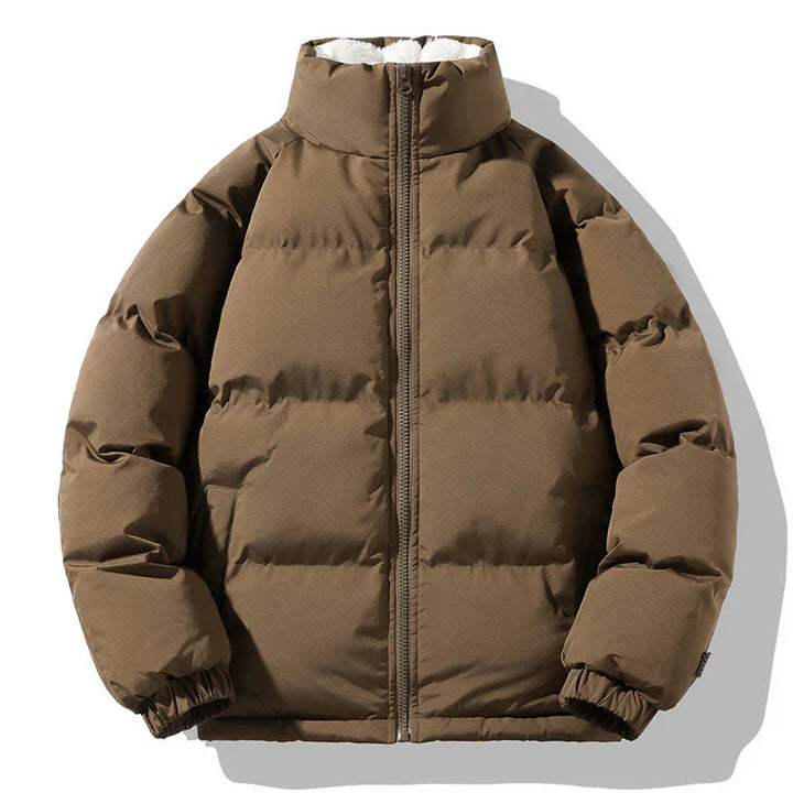 Brown puffer jacket with front zipper, high collar, elastic cuffs, and soft white inner lining