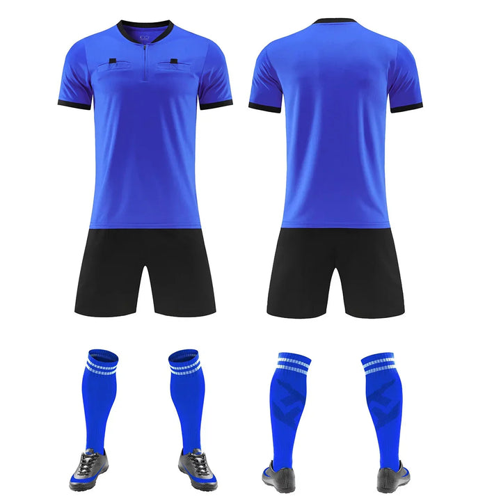 Blue and black soccer uniform set with blue striped socks and cleats, front and back views