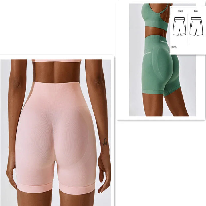 Seamless high-waisted compression shorts in pink and green on models, sporty shapewear design
