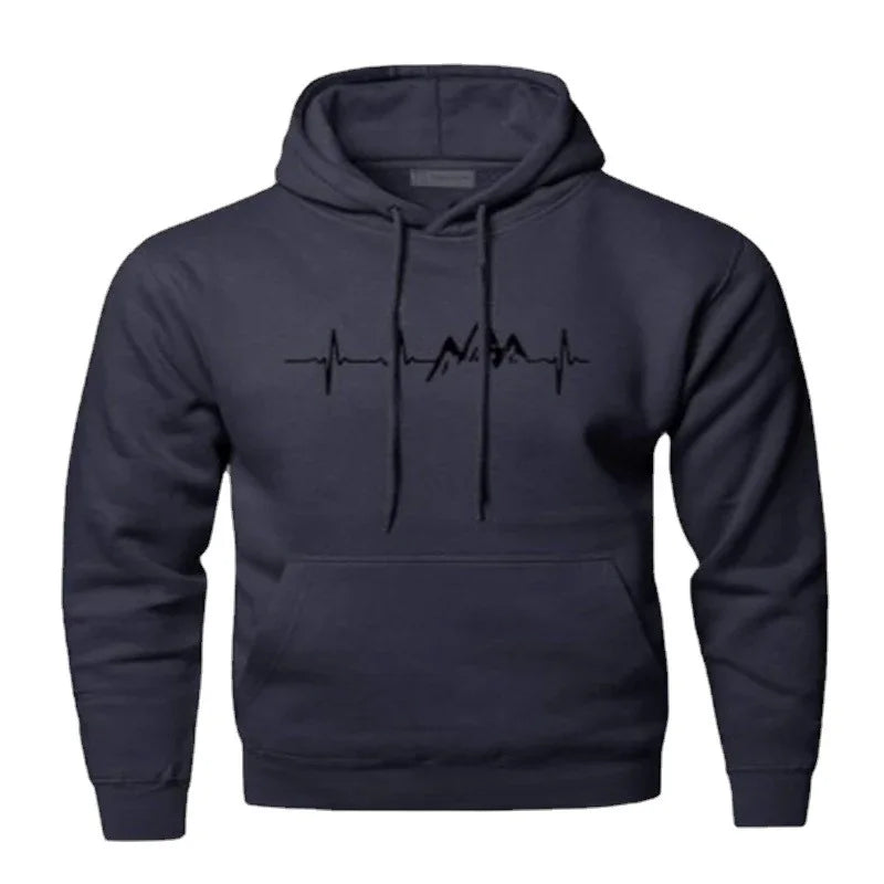 navy blue hoodie with black heartbeat and mountain line graphic on chest, front pocket and drawstring hood