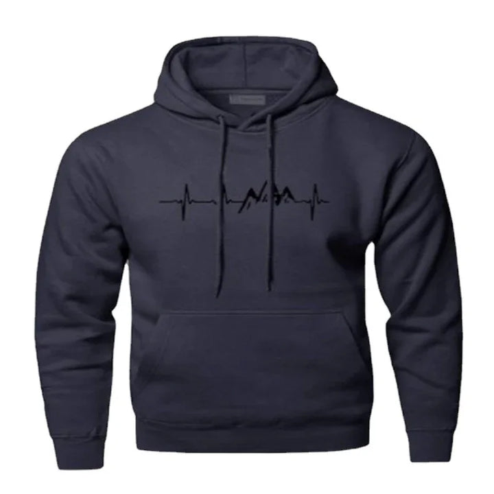 navy blue hoodie with black heartbeat and mountain line graphic on chest, front pocket and drawstring hood