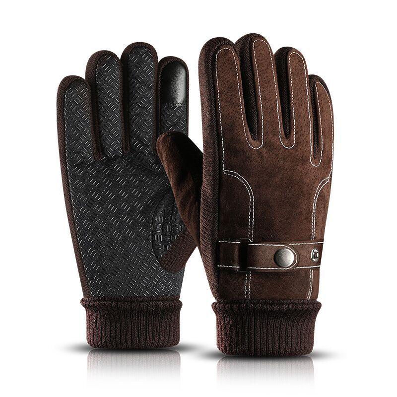 brown winter gloves with knit cuffs and textured black grip palms, featuring a strap and snap button detail