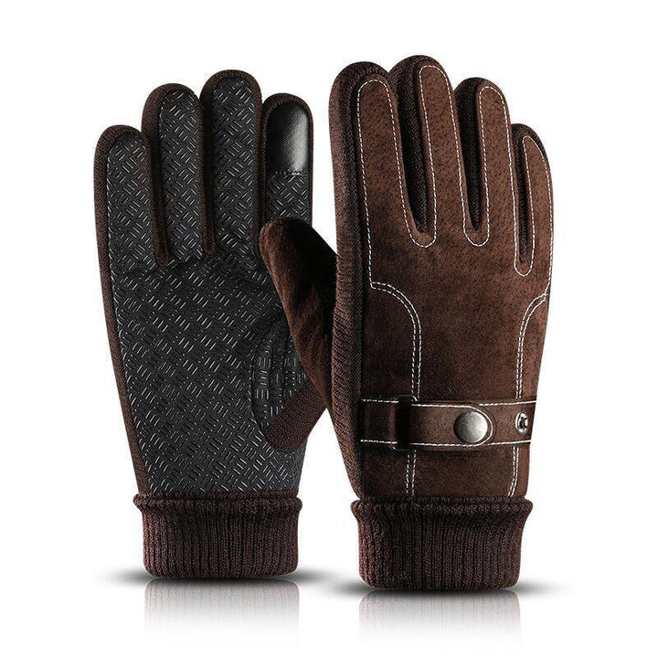 brown winter gloves with knit cuffs and textured black grip palms, featuring a strap and snap button detail