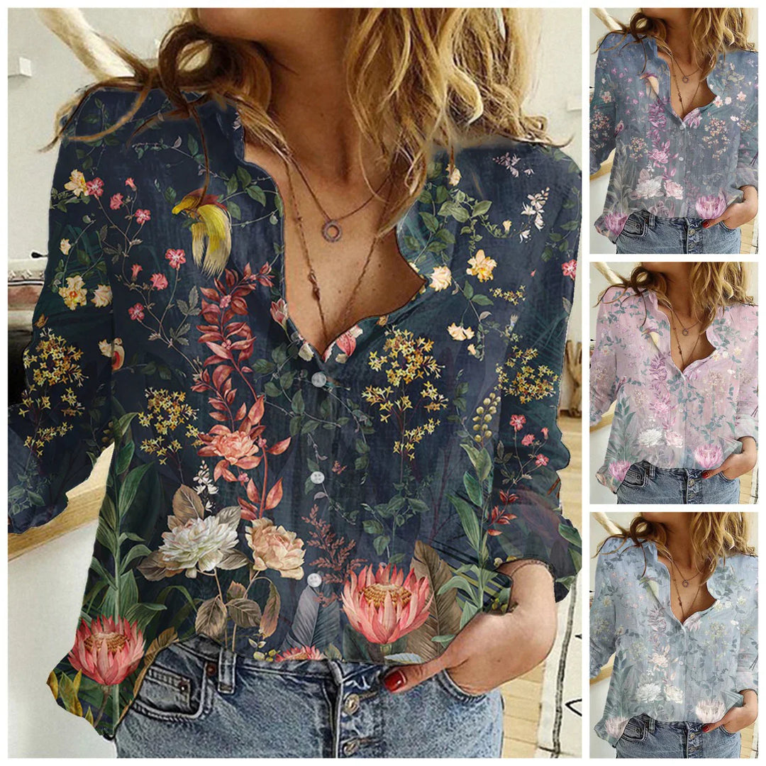 woman wearing floral print button-up blouse with blue jeans, three color variations shown