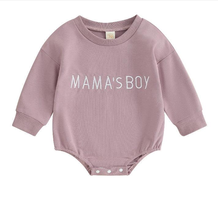 Pink long sleeve baby romper with snap buttons and 'MAMA'S BOY' text on front