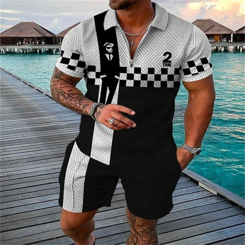 Stylish man wearing black and white 2 Tone patterned shirt and shorts on wooden pier by turquoise water