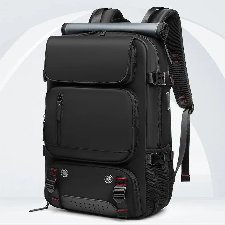 Sleek black backpack with multiple compartments, red accents, and ergonomic straps