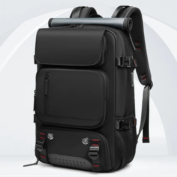 Sleek black backpack with multiple compartments, red accents, and ergonomic straps