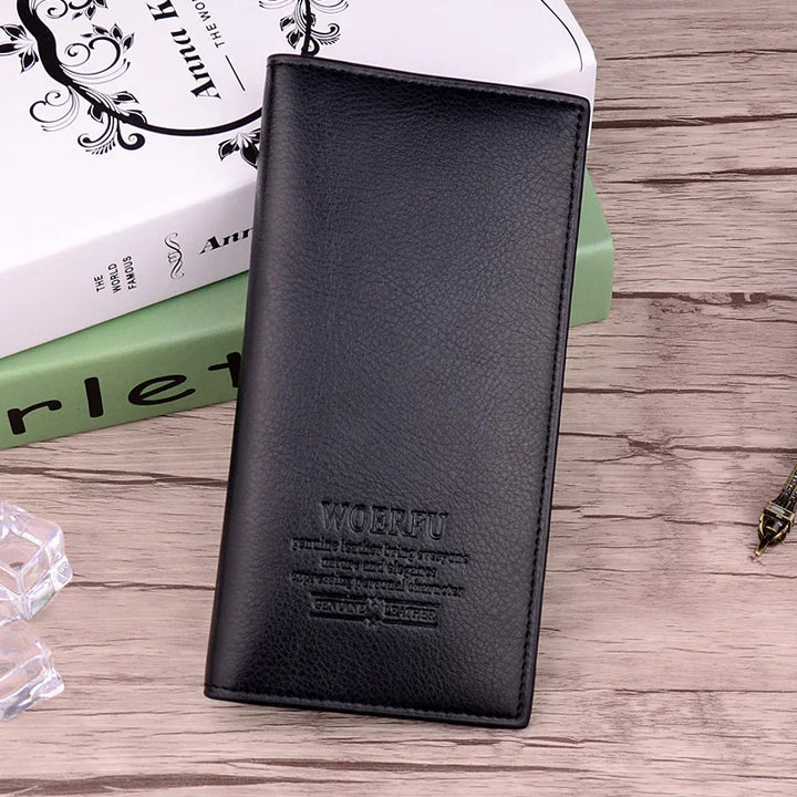 Black WOERFU leather wallet on wooden surface with books in background
