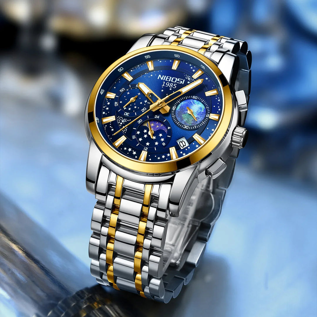Nibosi 1985 men's luxury wristwatch with blue starry dial and silver gold stainless steel band
