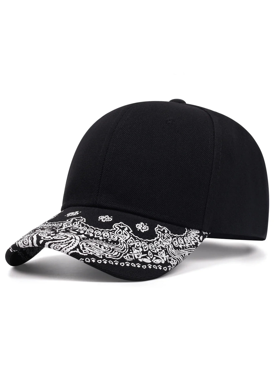 Black baseball cap with white paisley bandana print on the curved brim