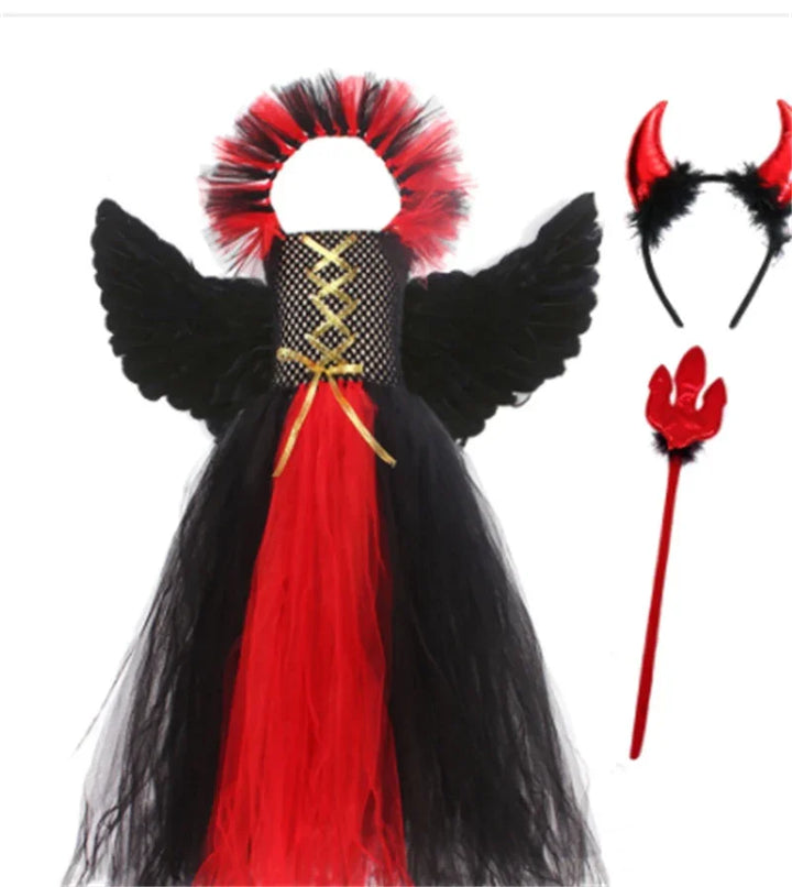 Black and red devil costume with black wings, red and black tutu dress, red horns headband, and red pitchfork