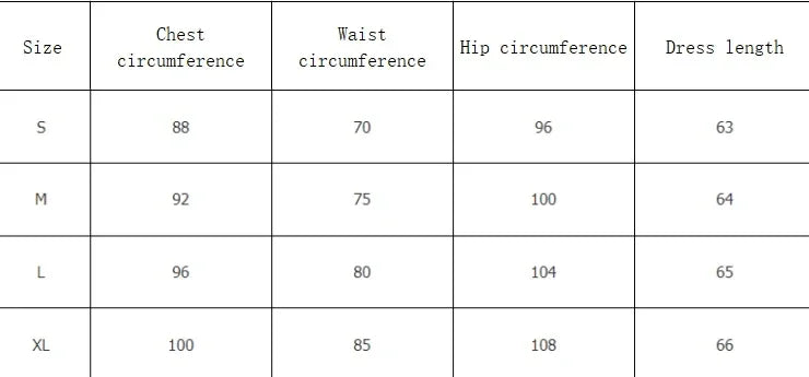 Women's dress size chart displaying chest, waist, hip circumferences and dress length for sizes S to XL