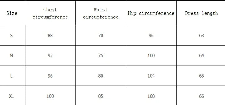 Women's dress size chart displaying chest, waist, hip circumferences and dress length for sizes S to XL