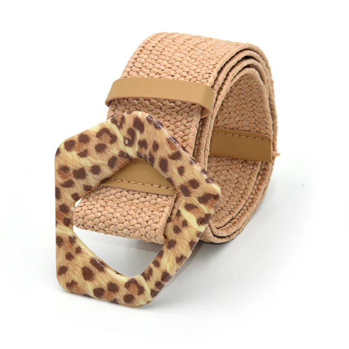 Beige woven fabric belt with a large leopard print geometric buckle on white background