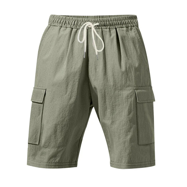 Olive green men's cargo shorts with elastic waistband and white drawstring