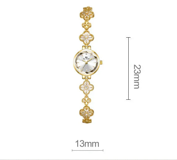 Elegant gold women's wristwatch with floral bracelet design, 23mm dial, 13mm band width