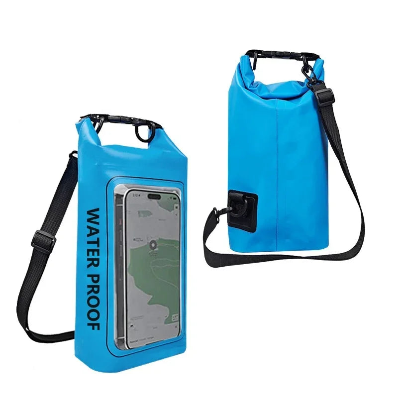 Blue waterproof dry bag with phone holder and adjustable shoulder strap, front and back view