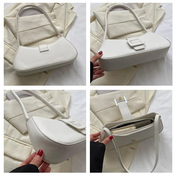 White leather shoulder bag with buckle detail and zipper pocket displayed from multiple angles on beige fabric