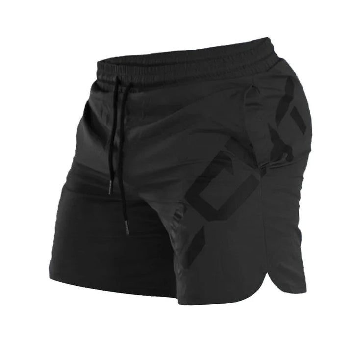 Black men's athletic shorts with drawstring and geometric pattern on white background