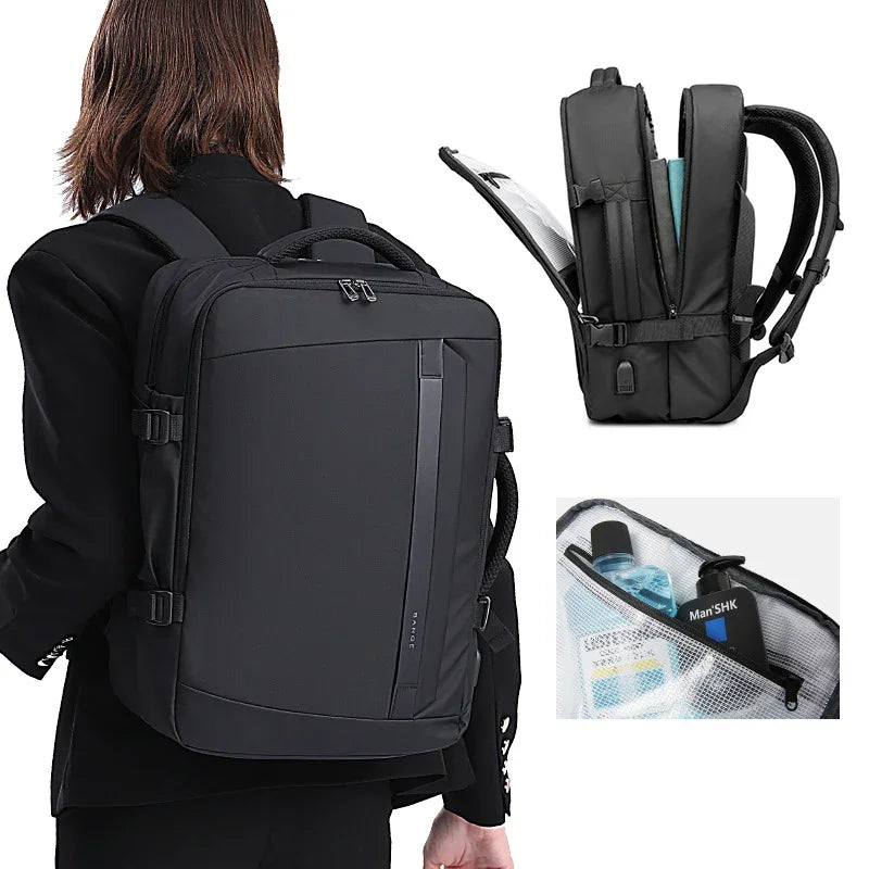 Black sleek backpack with multiple compartments, worn by person, showing organized storage and side zipper