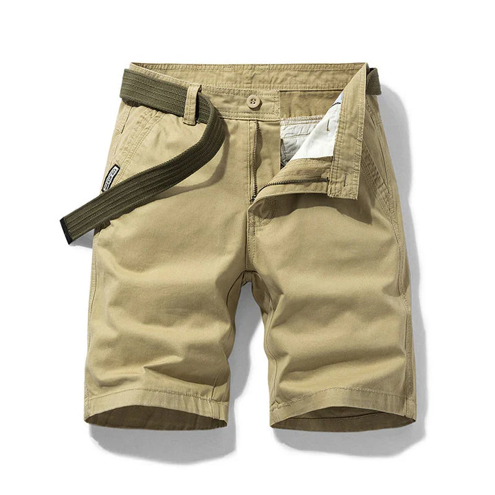 Khaki casual cargo shorts with belt, front zipper, button closure on white background