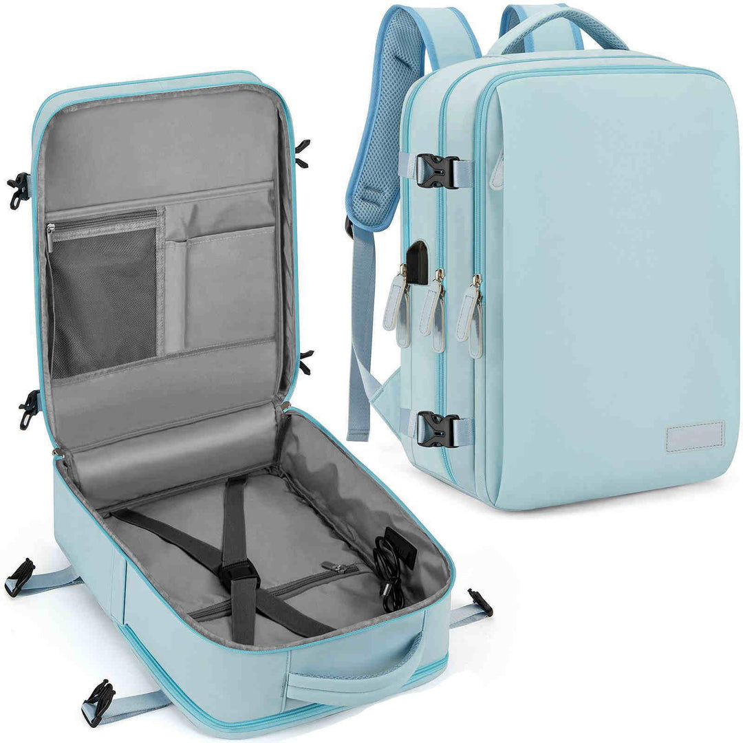 Light blue travel backpack with multiple zippered compartments and internal straps for organized packing
