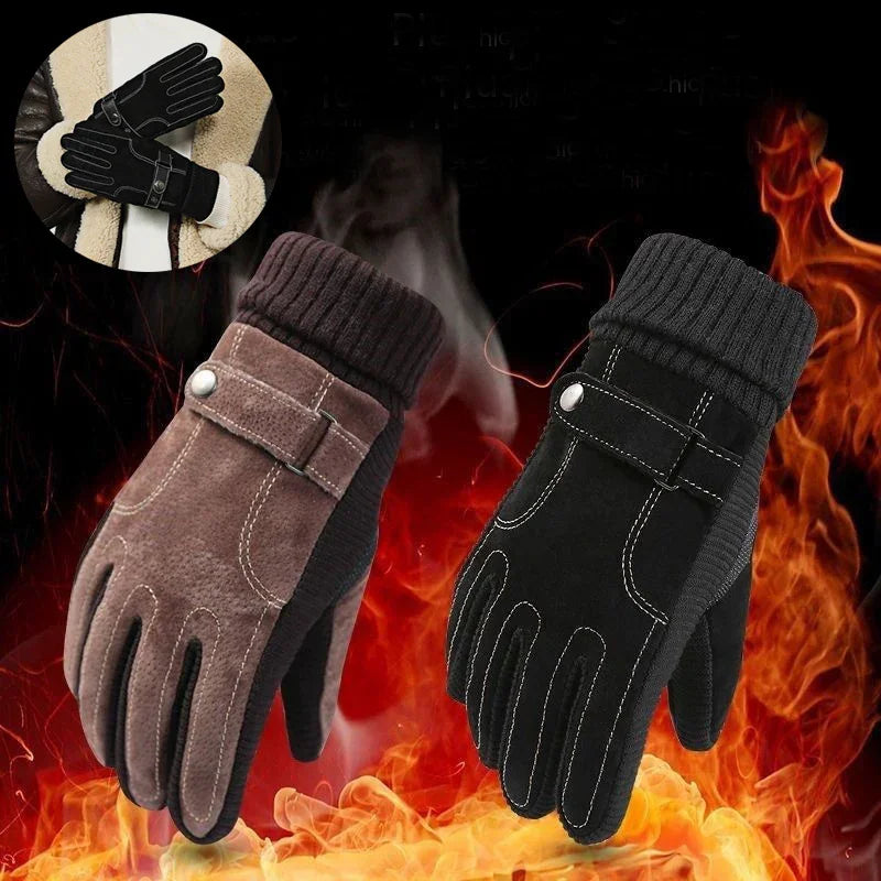 Warm winter gloves with knit cuffs in brown and black, insulated for cold weather protection