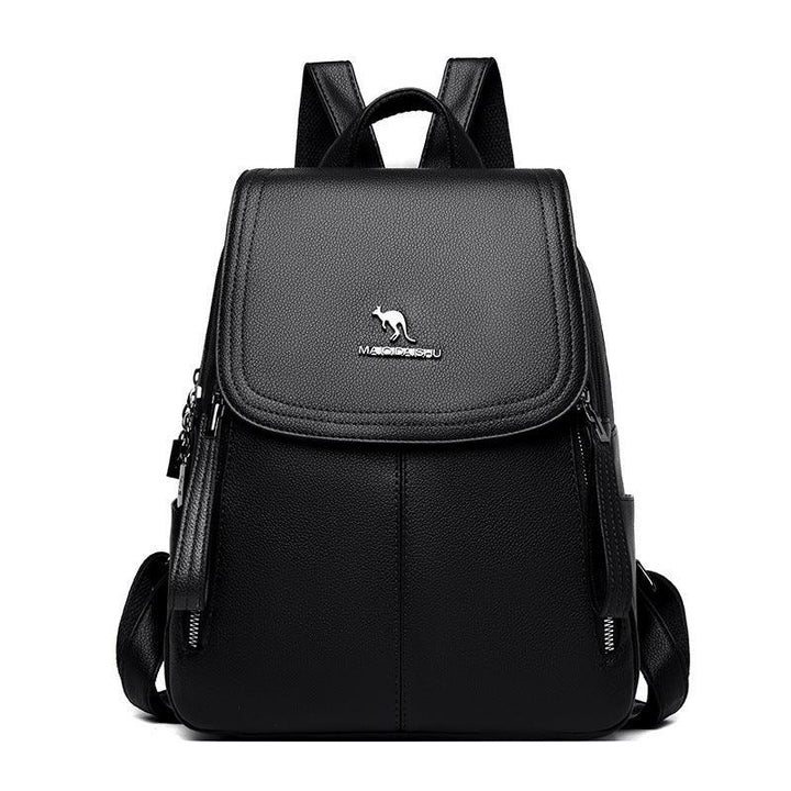 Black leather backpack with kangaroo logo and front flap, zippered side compartments, adjustable straps