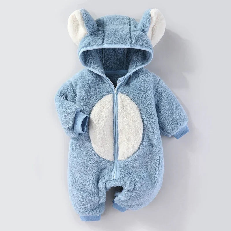 Soft blue baby fleece jumpsuit with white belly and hood featuring bear ears