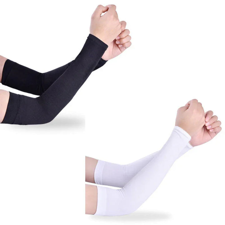 Pair of black and white compression arm sleeves on raised arms isolated on white background