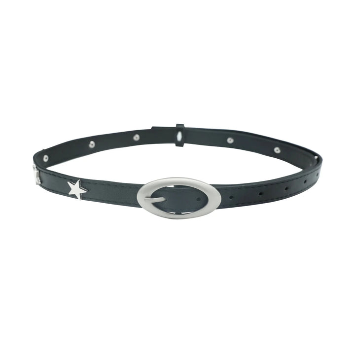 Black leather belt with silver oval buckle and star-shaped stud against white background