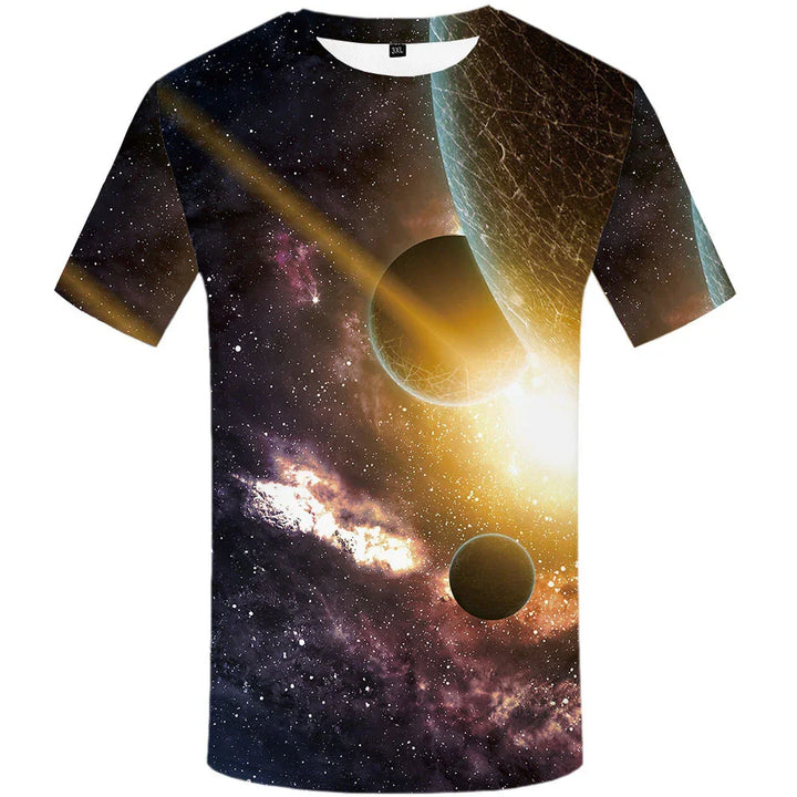 3XL T-shirt with vibrant space scene print featuring planets, stars, and glowing cosmic light