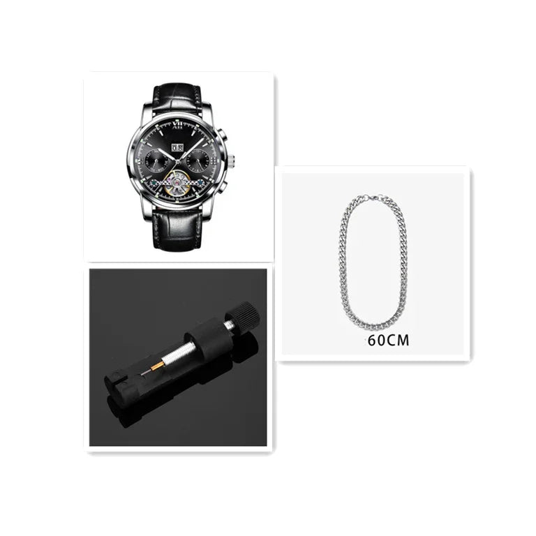 Black leather strap wristwatch, silver chain necklace 60cm, and black mechanical tool on white background
