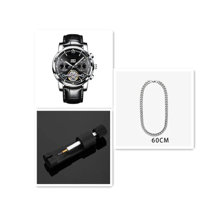 Black leather strap wristwatch, silver chain necklace 60cm, and black mechanical tool on white background