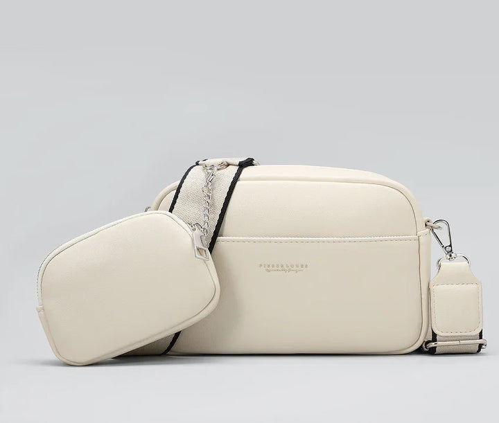 Cream leather crossbody bag and small pouch with adjustable strap and silver hardware