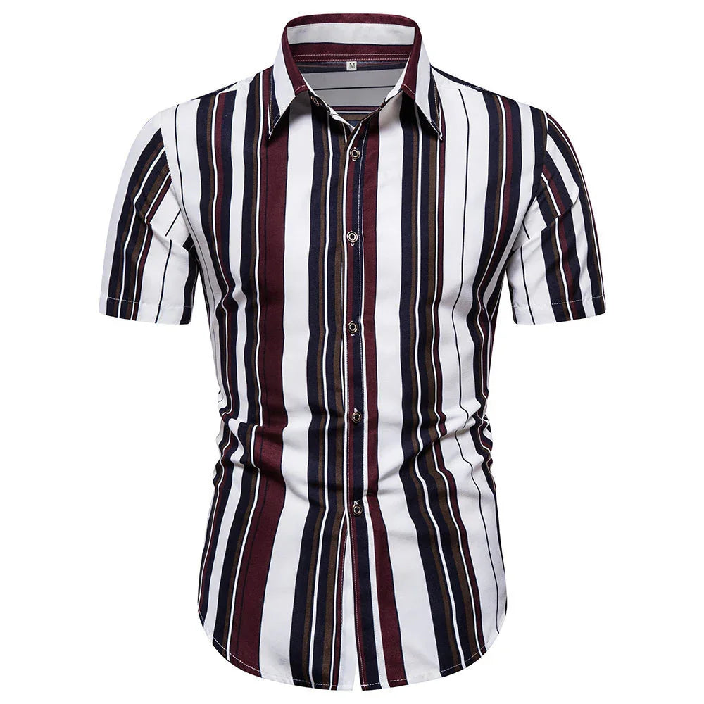 Men's short sleeve button-up shirt with vertical stripes in white, black, burgundy, and brown