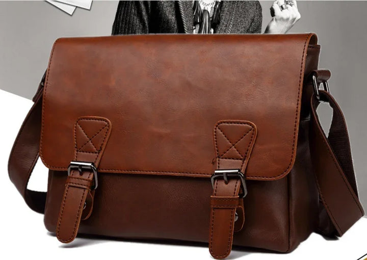Brown leather messenger bag with buckle straps and adjustable shoulder strap