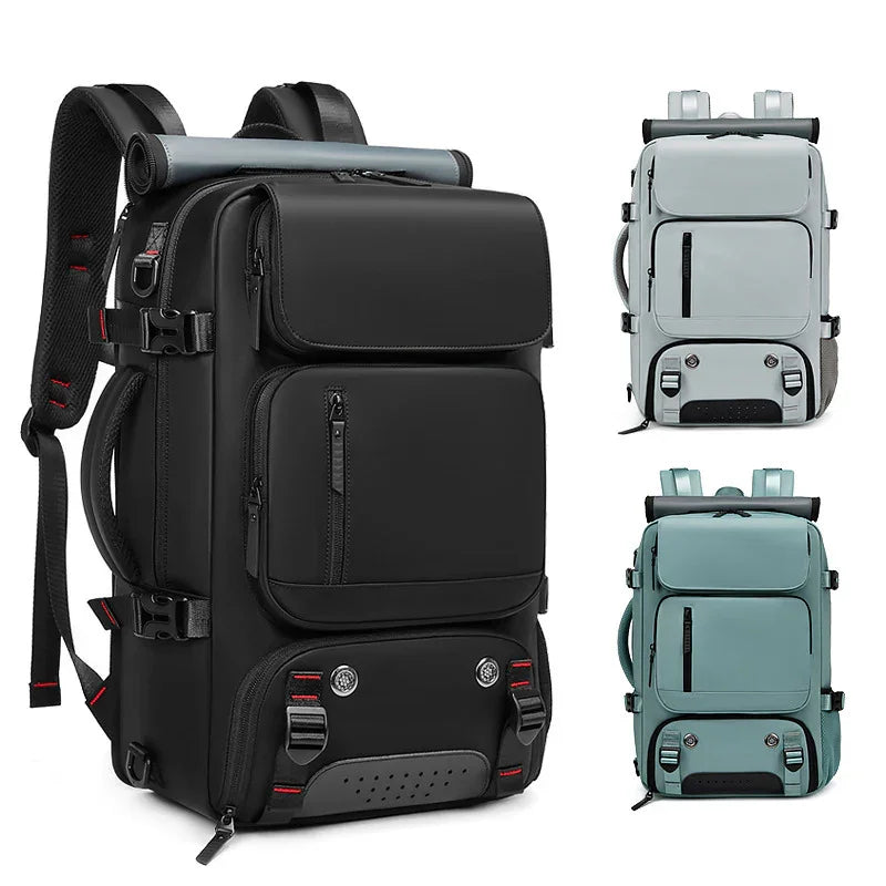 Three modern waterproof backpacks in black, light gray, and teal, shown on white background.