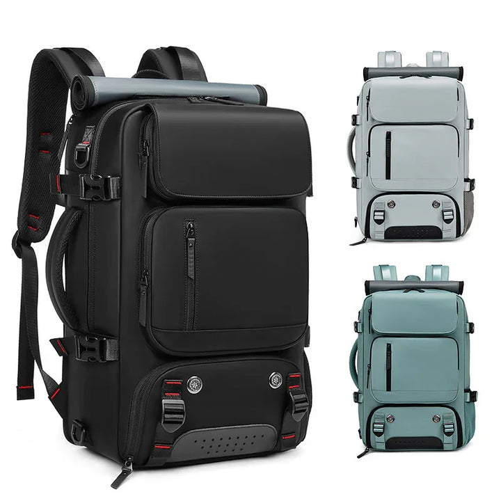Three modern waterproof backpacks in black, light gray, and teal, shown on white background.
