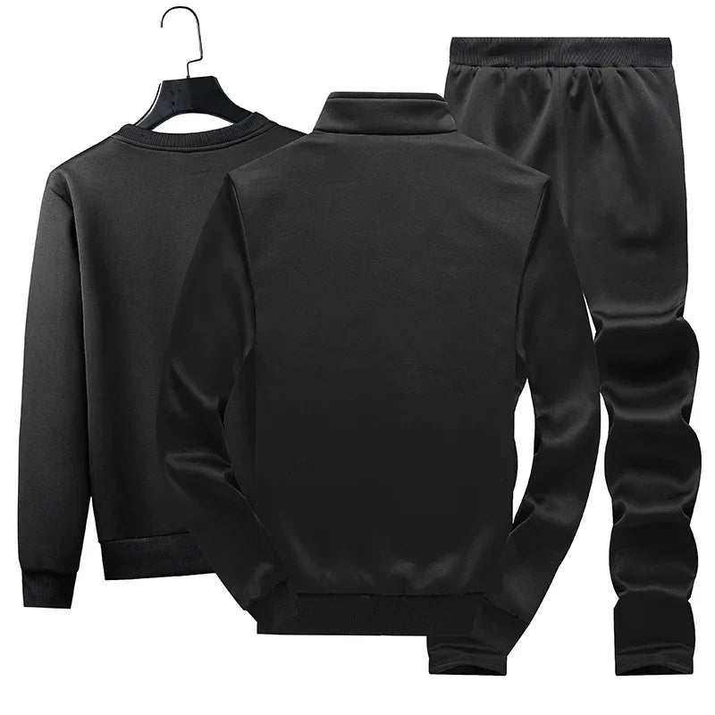 Black men's two-piece casual tracksuit with jacket and elastic waist pants