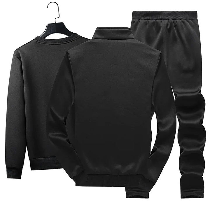 Black men's two-piece casual tracksuit with jacket and elastic waist pants