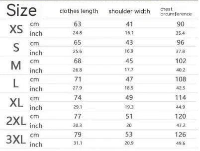 Clothing size chart displaying measurements for XS to 3XL sizes in cm and inches for length, shoulder width, and chest circumference