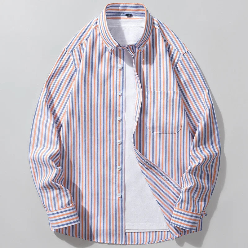 Men's casual long sleeve button-up shirt with vertical orange, blue, and white stripes