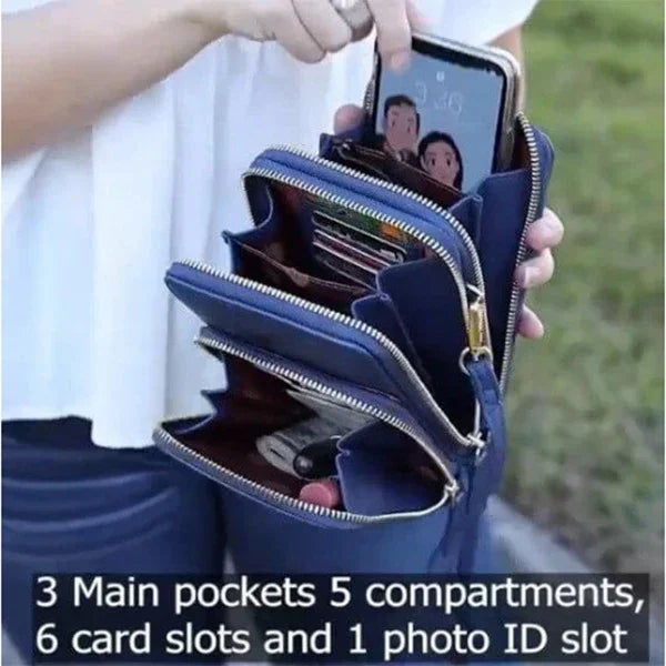 Blue multi-compartment wallet with three main pockets, five compartments, and multiple card slots held by person