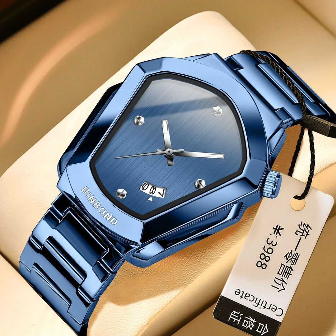 Binbond blue stainless steel wristwatch with unique geometric face and date display on beige cushion
