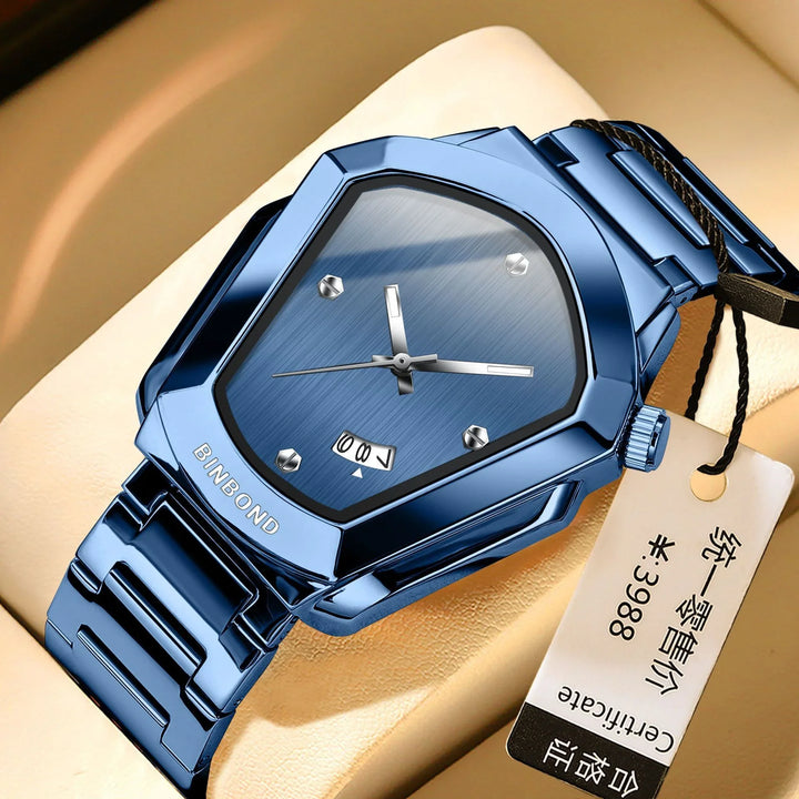 Binbond blue stainless steel wristwatch with unique geometric face and date display on beige cushion